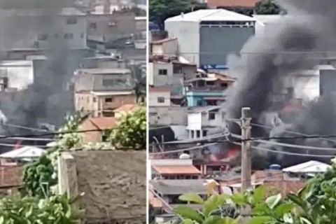 Incêndio em galpão de estofados atinge casa e assusta moradores; VEJA VÍDEO